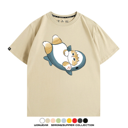 鯊魚貓福珊迪日系COS二次元卡通玩耍情侶短袖上衣純棉T恤衫夏季男寬鬆