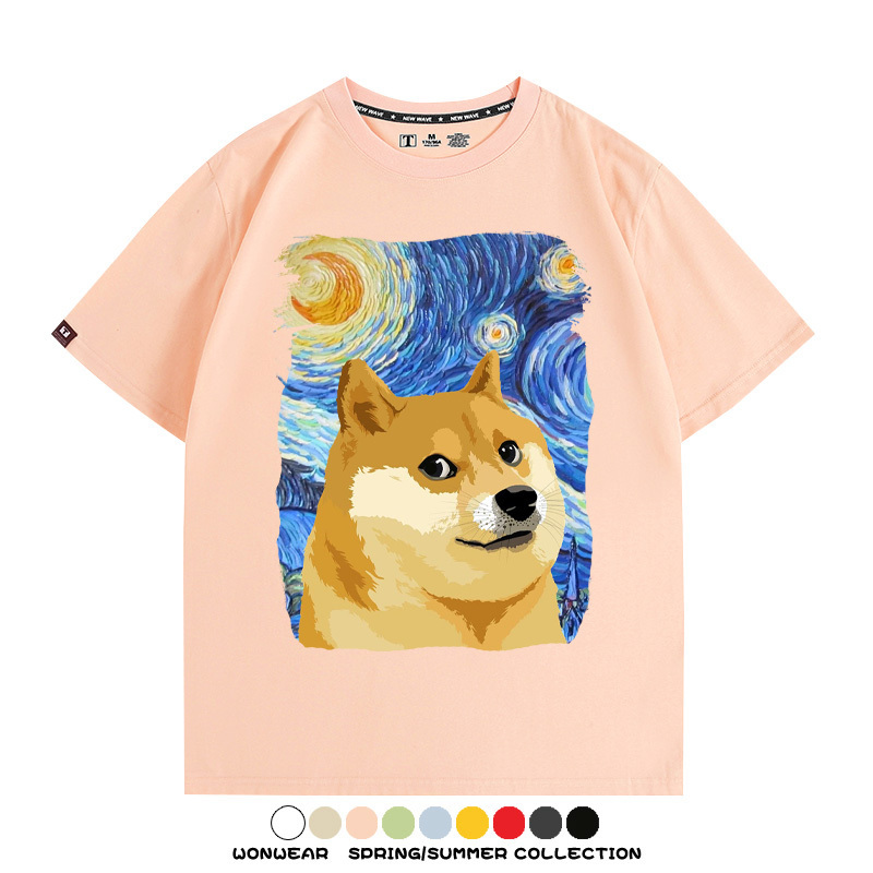 世界名畫吶喊星月夜聯名狗子柴犬 親子情侶裝寬鬆短袖T