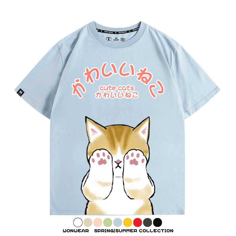 日系印花貓貓復古卡通 親子情侶裝寬鬆短袖T