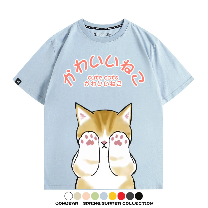 日系印花貓貓復古卡通 親子情侶裝寬鬆短袖T