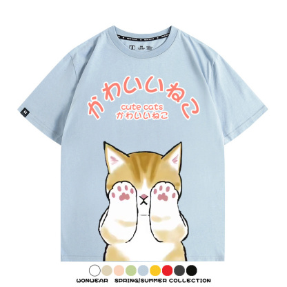 日系印花貓貓復古卡通 親子情侶裝寬鬆短袖T