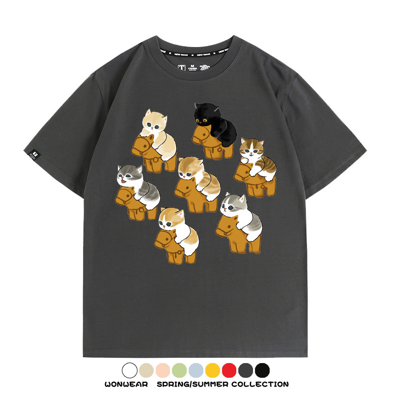 日系貓貓木馬卡通Q版 親子情侶裝寬鬆短袖T