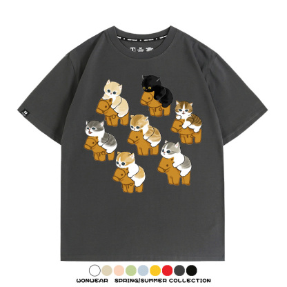 日系貓貓木馬卡通Q版 親子情侶裝寬鬆短袖T