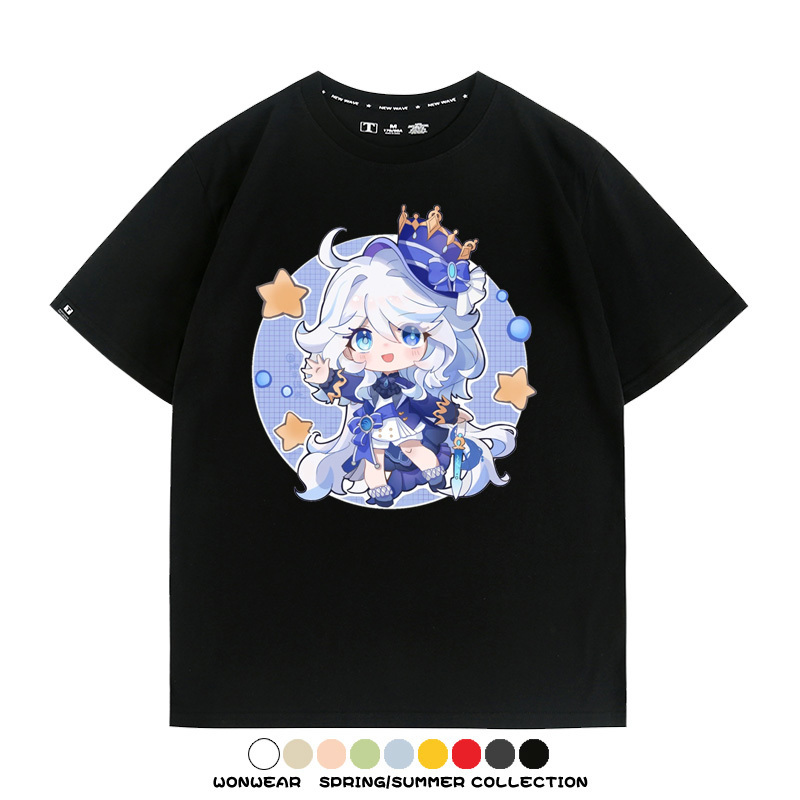 原神遊戲水神芙寧娜芙卡洛斯Q版可愛周邊短袖夏季純棉男潮T恤百搭