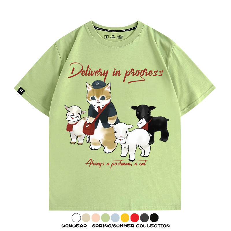 日系郵差員貓貓送快遞 親子情侶裝寬鬆短袖T