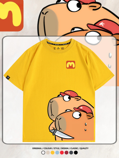 惡搞水豚卡皮巴拉麥門K記卡通聯名周邊短袖T恤衫夏季純棉男潮休閒