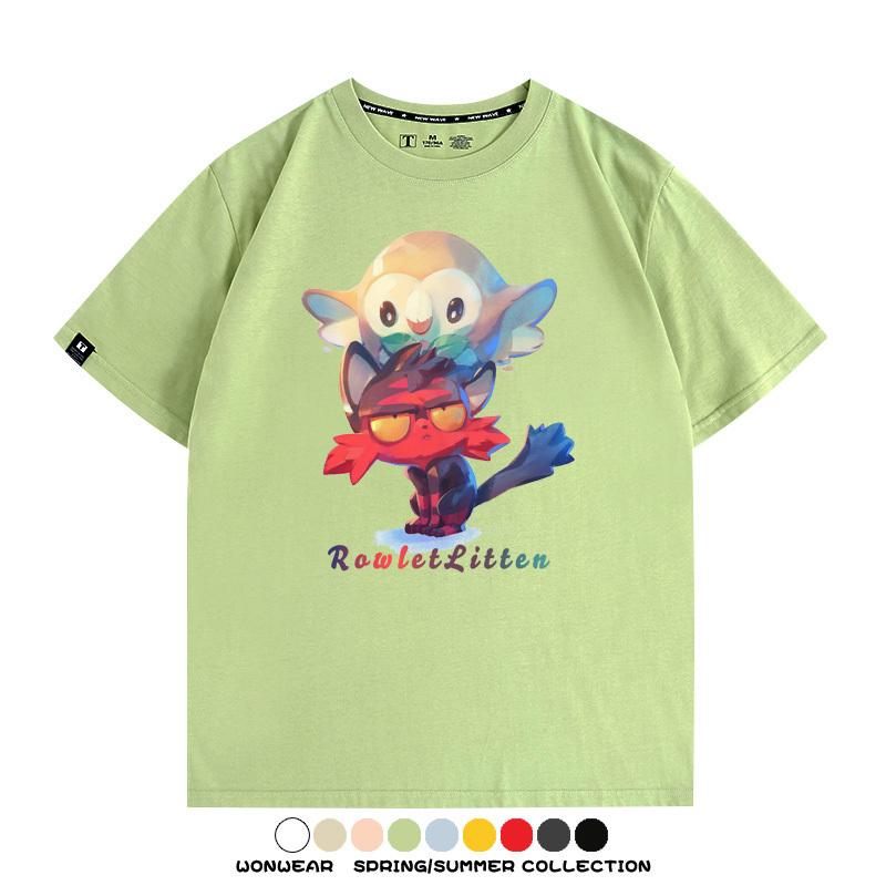 精靈寶可夢日月遊戲木木梟火斑喵卡通周邊短袖夏季男士純棉T恤衫