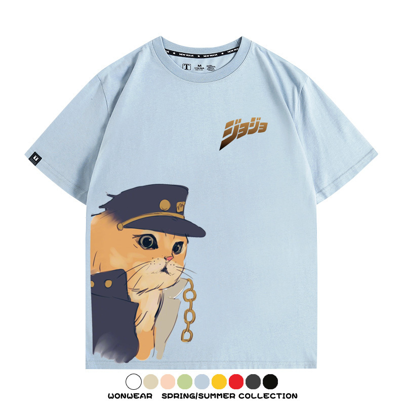JOJO奇妙冒險聯動網紅嗷嗚貓波仔惡搞動漫短袖t-shirt