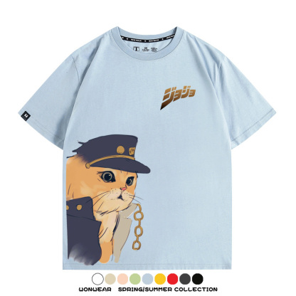 JOJO奇妙冒險聯動網紅嗷嗚貓波仔惡搞動漫短袖t-shirt