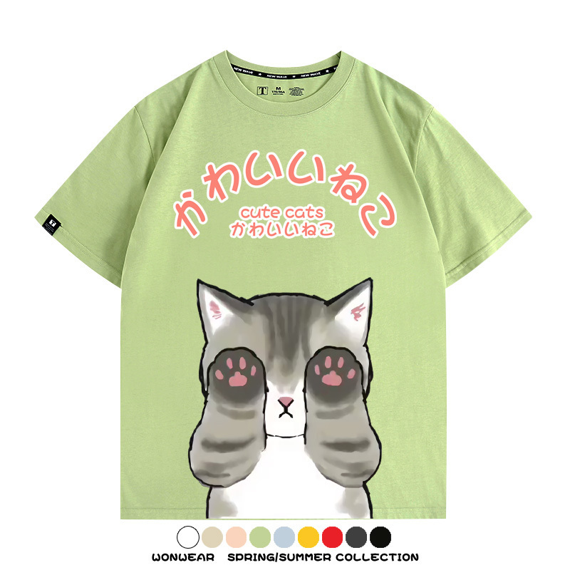 日系印花貓貓復古卡通 親子情侶裝寬鬆短袖T