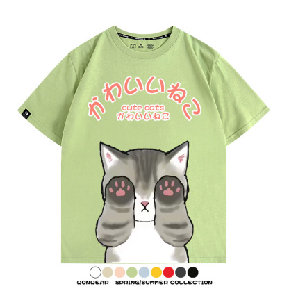 日系印花貓貓復古卡通 親子情侶裝寬鬆短袖T