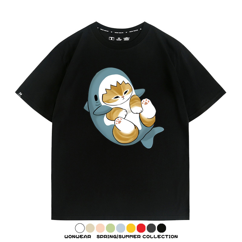 鯊魚貓福珊迪日系COS二次元卡通玩耍情侶短袖上衣純棉T恤衫夏季男寬鬆