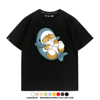 鯊魚貓福珊迪日系COS二次元卡通玩耍情侶短袖上衣純棉T恤衫夏季男寬鬆