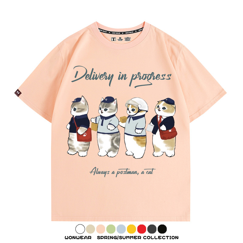 日系郵差員貓貓送快遞 親子情侶裝寬鬆短袖T