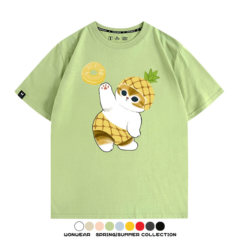 菠蘿貓福珊迪二次元情侶裝t恤衫聯名純棉圓領短袖上衣服卡通喵半袖男