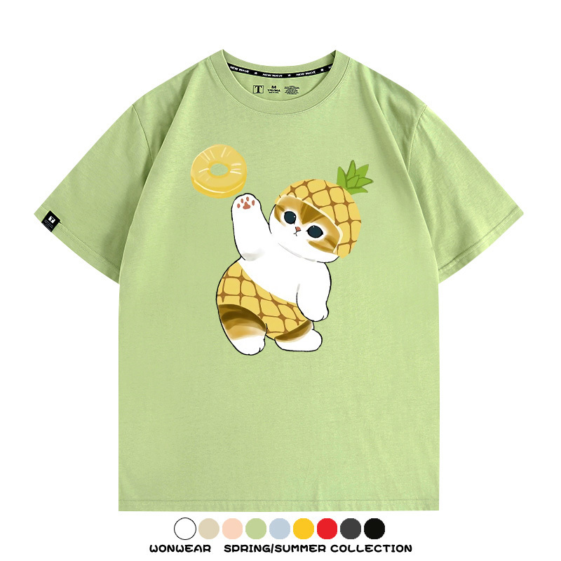 菠蘿貓福珊迪二次元情侶裝t恤衫聯名純棉圓領短袖上衣服卡通喵半袖男