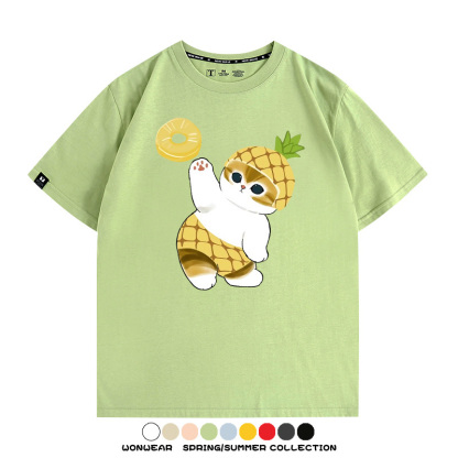 菠蘿貓福珊迪二次元情侶裝t恤衫聯名純棉圓領短袖上衣服卡通喵半袖男