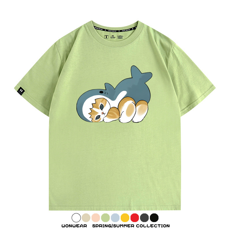 鯊魚貓福珊迪日系COS二次元卡通玩耍情侶短袖上衣純棉T恤衫夏季男寬鬆