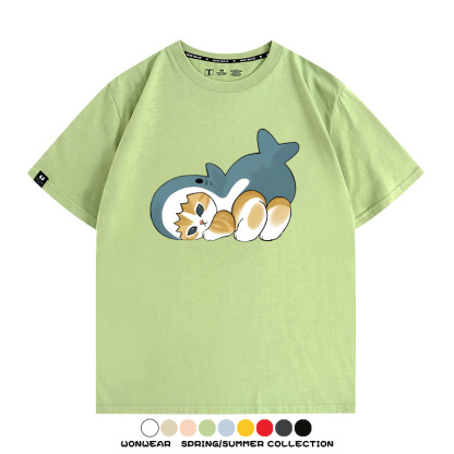 鯊魚貓福珊迪日系COS二次元卡通玩耍情侶短袖上衣純棉T恤衫夏季男寬鬆