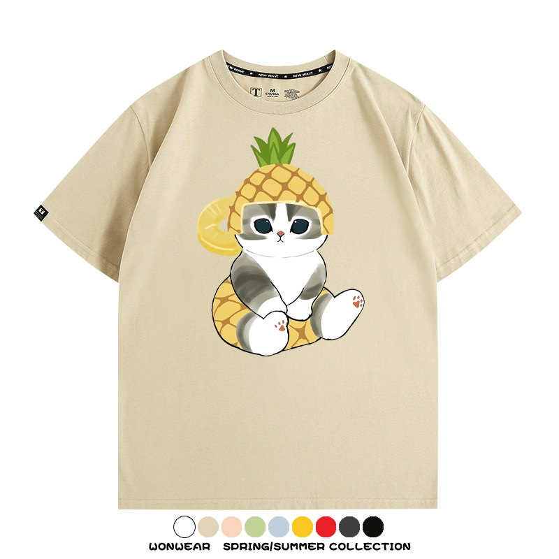 菠蘿貓福珊迪二次元情侶裝t恤衫聯名純棉圓領短袖上衣服卡通喵半袖男