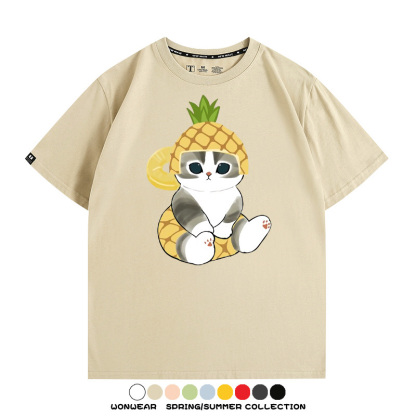 菠蘿貓福珊迪二次元情侶裝t恤衫聯名純棉圓領短袖上衣服卡通喵半袖男