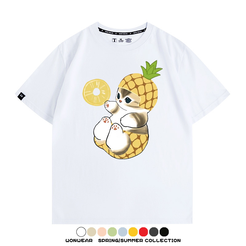 菠蘿貓福珊迪二次元情侶裝t恤衫聯名純棉圓領短袖上衣服卡通喵半袖男