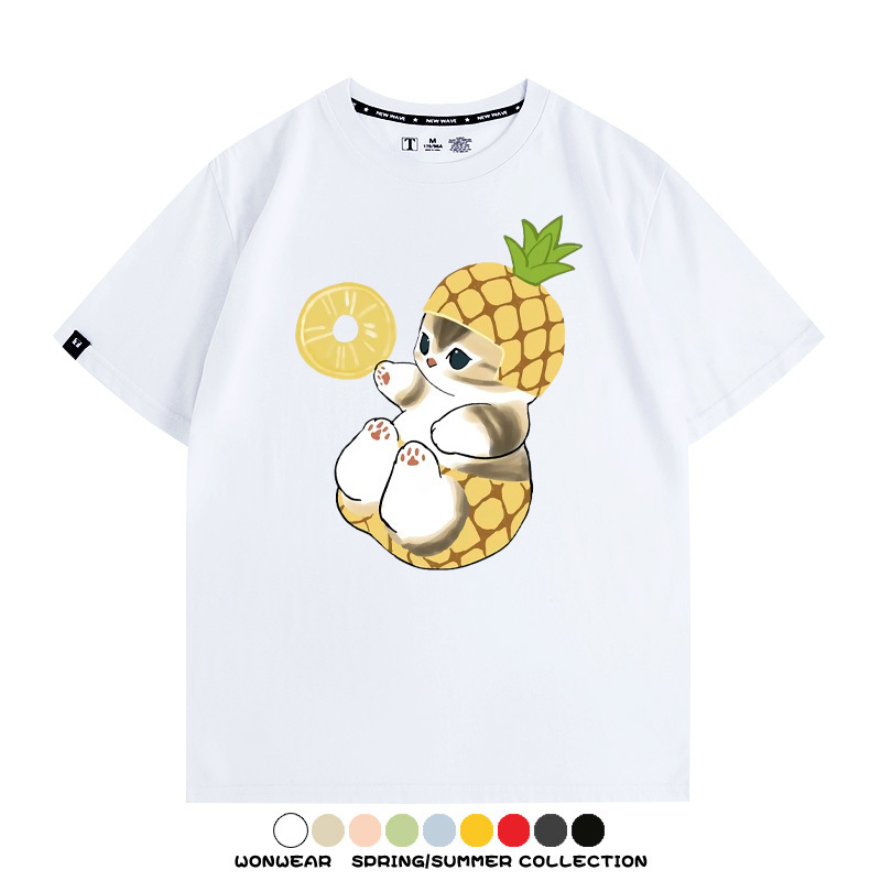 菠蘿貓福珊迪二次元情侶裝t恤衫聯名純棉圓領短袖上衣服卡通喵半袖男