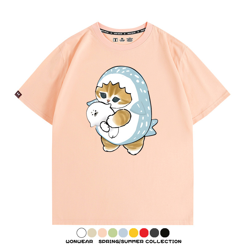 鯊魚貓福珊迪日系COS二次元卡通玩耍情侶短袖上衣純棉T恤衫夏季男寬鬆