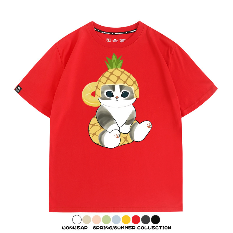 菠蘿貓福珊迪二次元情侶裝t恤衫聯名純棉圓領短袖上衣服卡通喵半袖男