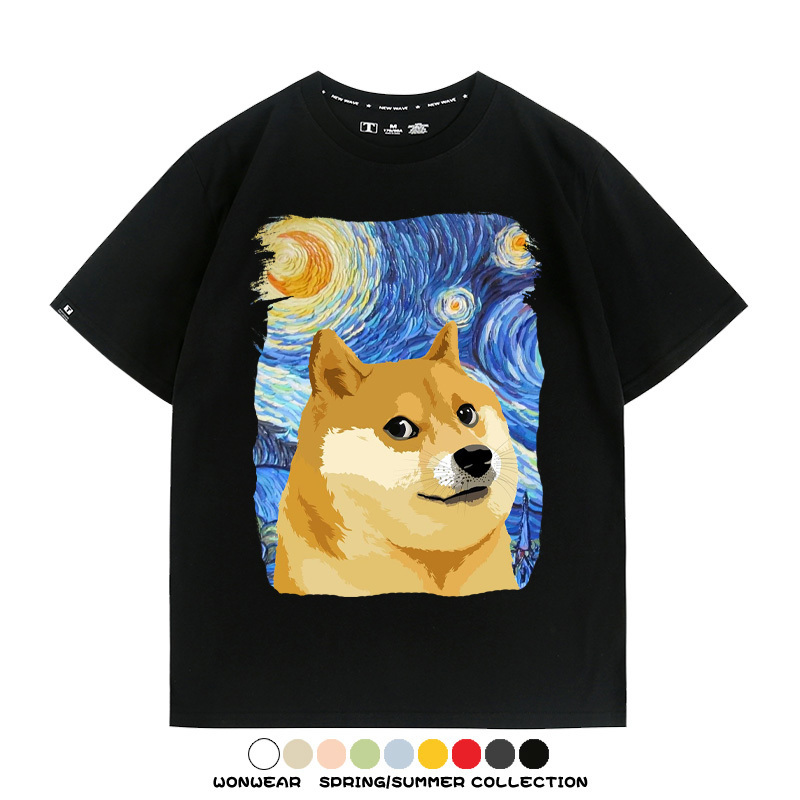 世界名畫吶喊星月夜聯名狗子柴犬 親子情侶裝寬鬆短袖T