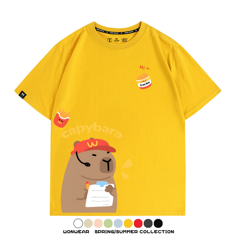 網紅水豚可愛卡皮巴拉COS麥門漢堡薯條二次元青少年夏季純棉T恤衫