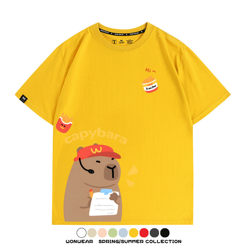 網紅水豚可愛卡皮巴拉COS麥門漢堡薯條二次元青少年夏季純棉T恤衫