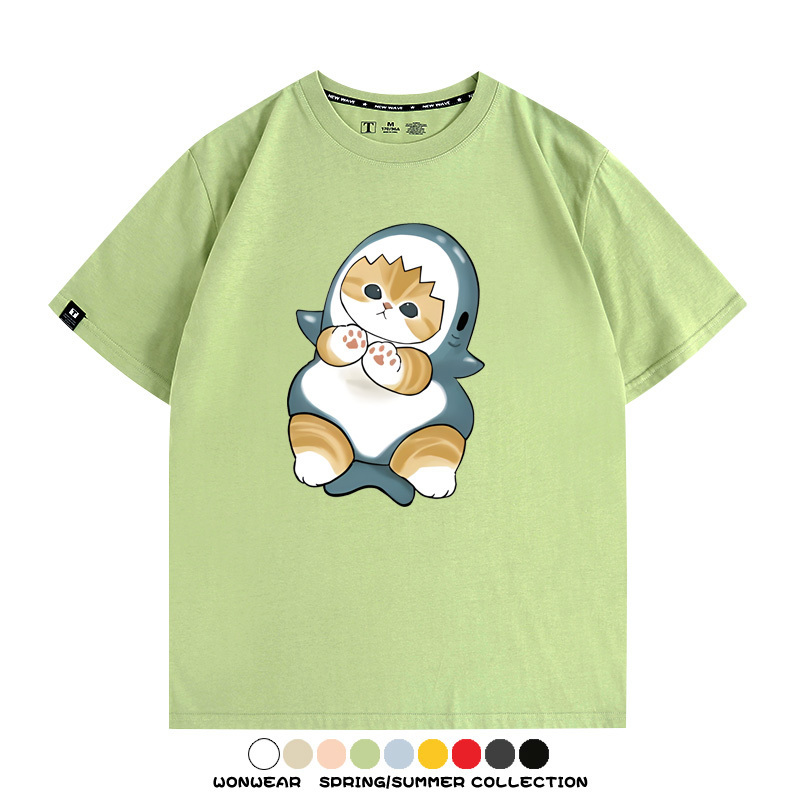 鯊魚貓福珊迪日系COS二次元卡通玩耍情侶短袖上衣純棉T恤衫夏季男寬鬆
