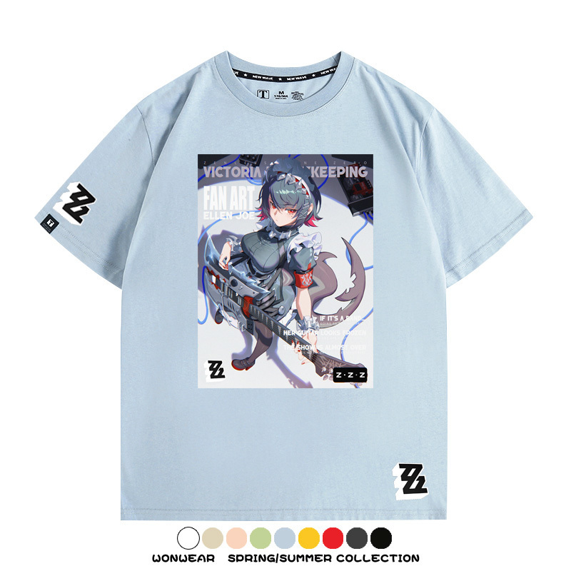 絕區零遊戲鯊魚妹艾蓮聯名款短袖夏季青少年男潮純棉寬鬆百搭T恤
