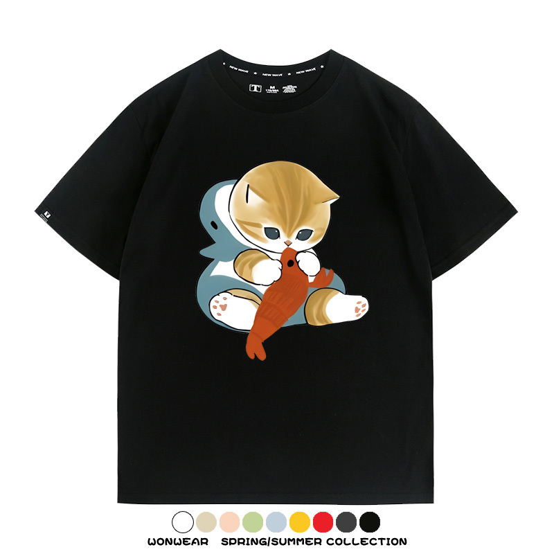 鯊魚貓福珊迪日系COS二次元卡通玩耍情侶短袖上衣純棉T恤衫夏季男寬鬆