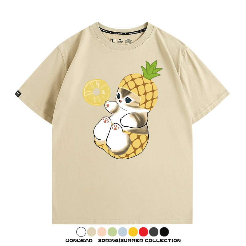 菠蘿貓福珊迪二次元情侶裝t恤衫聯名純棉圓領短袖上衣服卡通喵半袖男