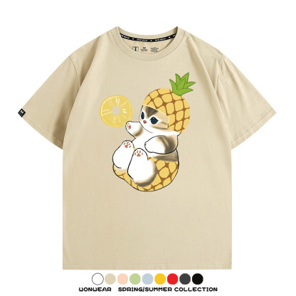 菠蘿貓福珊迪二次元情侶裝t恤衫聯名純棉圓領短袖上衣服卡通喵半袖男
