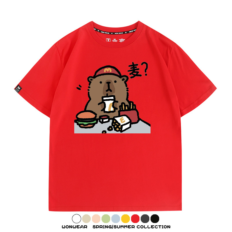 網紅水豚可愛卡皮巴拉COS麥門漢堡薯條二次元青少年夏季純棉T恤衫