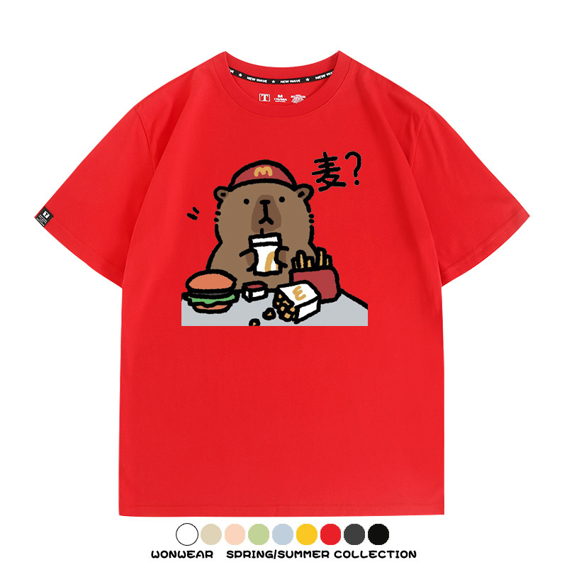 網紅水豚可愛卡皮巴拉COS麥門漢堡薯條二次元青少年夏季純棉T恤衫
