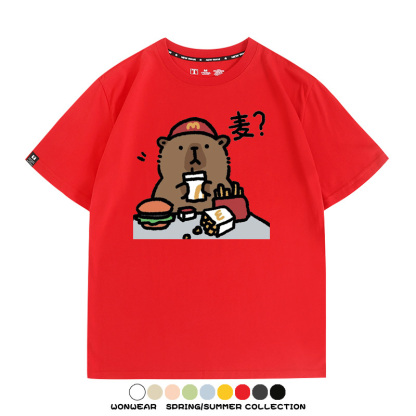 網紅水豚可愛卡皮巴拉COS麥門漢堡薯條二次元青少年夏季純棉T恤衫