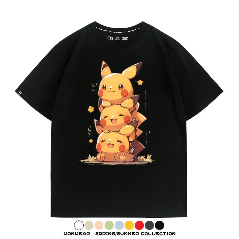 寶可夢皮卡丘可愛疊疊樂 親子情侶裝寬鬆短袖T