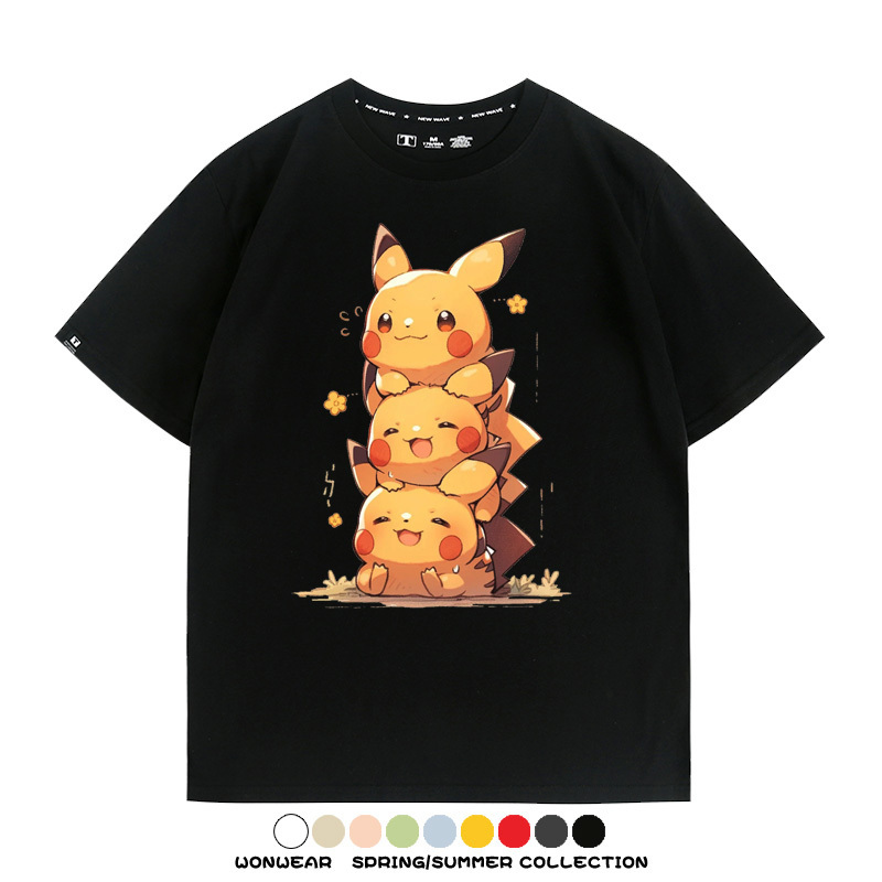 寶可夢皮卡丘可愛疊疊樂 親子情侶裝寬鬆短袖T