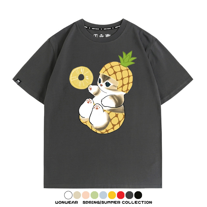 菠蘿貓福珊迪二次元情侶裝t恤衫聯名純棉圓領短袖上衣服卡通喵半袖男