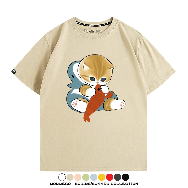 鯊魚貓福珊迪日系COS二次元卡通玩耍情侶短袖上衣純棉T恤衫夏季男寬鬆