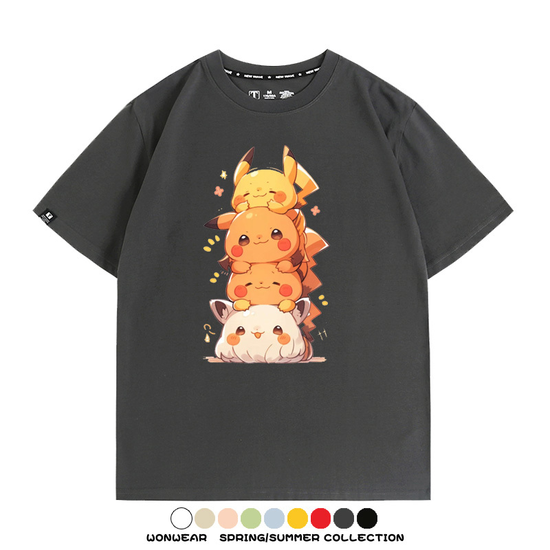 寶可夢皮卡丘可愛疊疊樂 親子情侶裝寬鬆短袖T