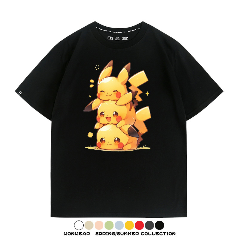 寶可夢皮卡丘可愛疊疊樂 親子情侶裝寬鬆短袖T