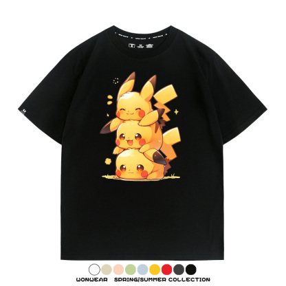 寶可夢皮卡丘可愛疊疊樂 親子情侶裝寬鬆短袖T