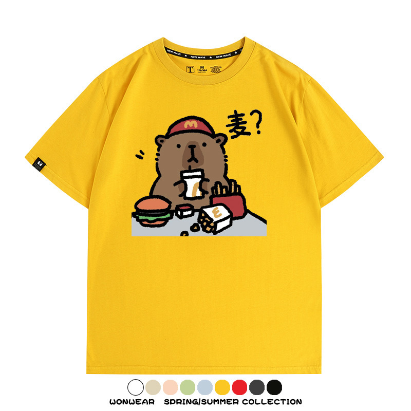 網紅水豚可愛卡皮巴拉COS麥門漢堡薯條二次元青少年夏季純棉T恤衫