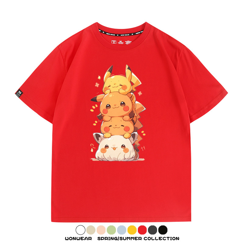 寶可夢皮卡丘可愛疊疊樂 親子情侶裝寬鬆短袖T