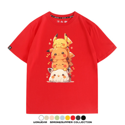 寶可夢皮卡丘可愛疊疊樂 親子情侶裝寬鬆短袖T